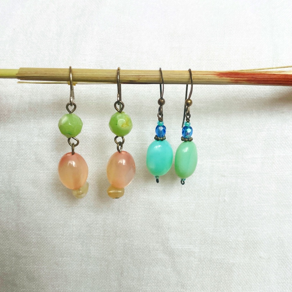 Green, Pink and Blue Stone and Glass Dangle Earrings